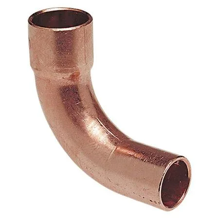 Copper 90 degree long radius elbow fitting, 3/4 inch tube size, wrot copper finish