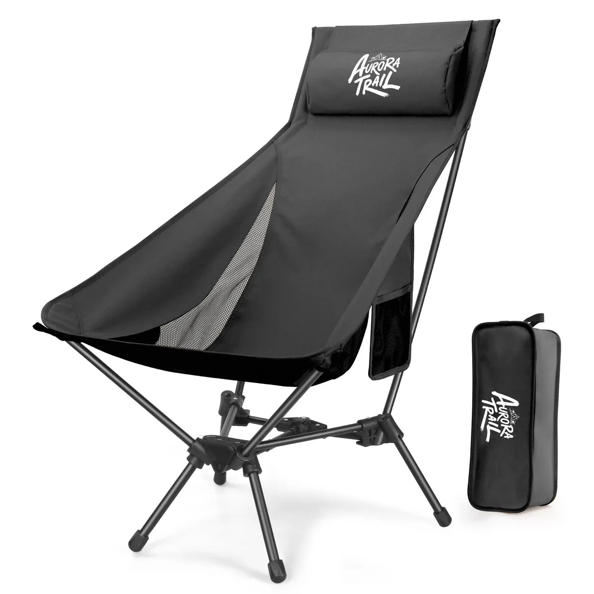 Camouflage high-back folding camp chair with pillow cup holder and carry bag