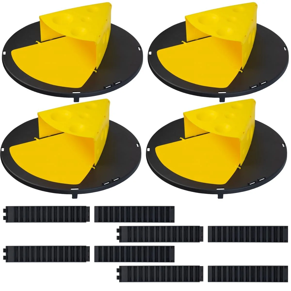 Four yellow plastic cheese-shaped bucket lids with auto-reset trap doors