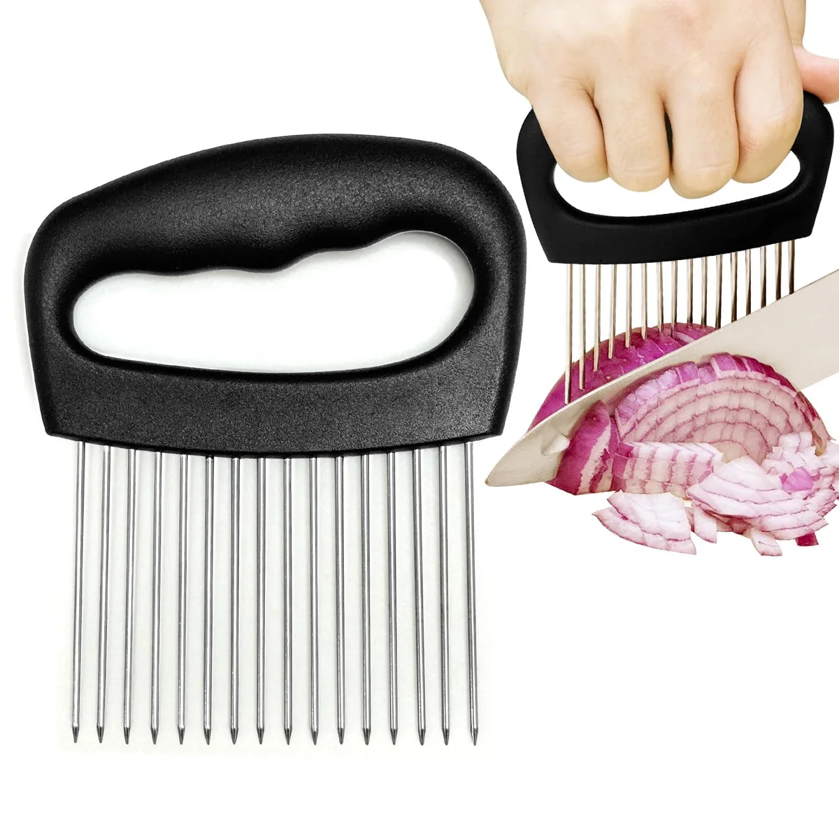 Stainless steel onion holder with 16 needles, 5.5 in long, ABS handle
