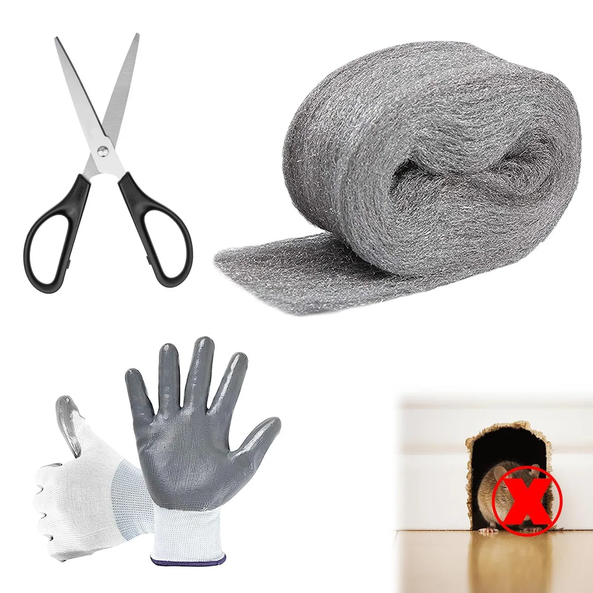Coil of metallic steel wool 3.2 inches wide 12 feet long with gloves and scissors