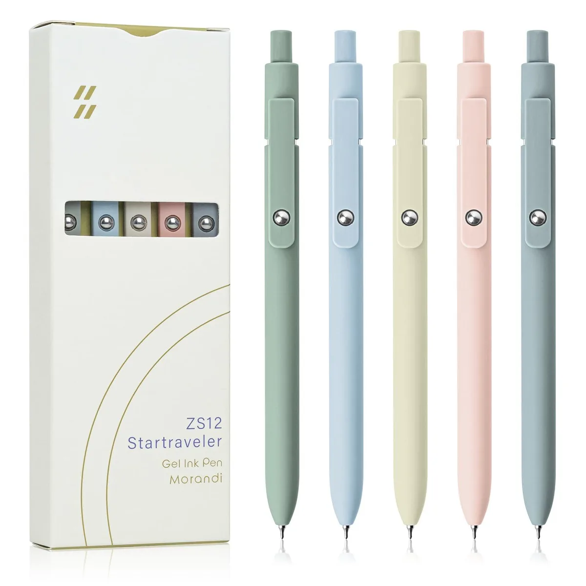 Five pastel gel pens with soft silicone grips and metal clip accents