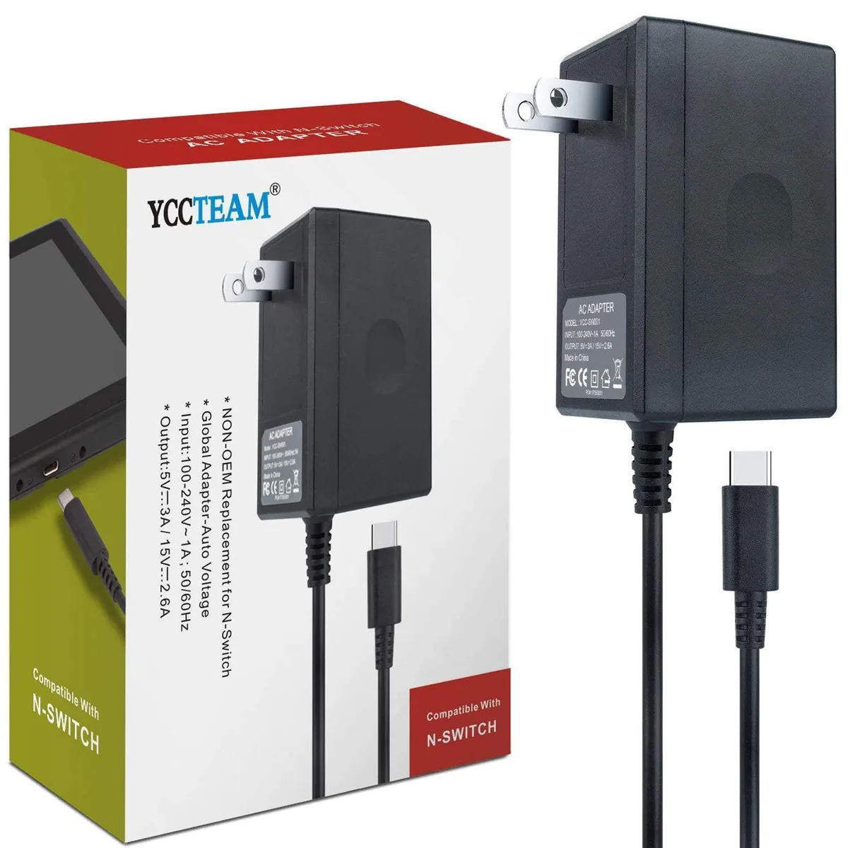 Black rectangular USB-C power adapter with short cable and two-pin plug