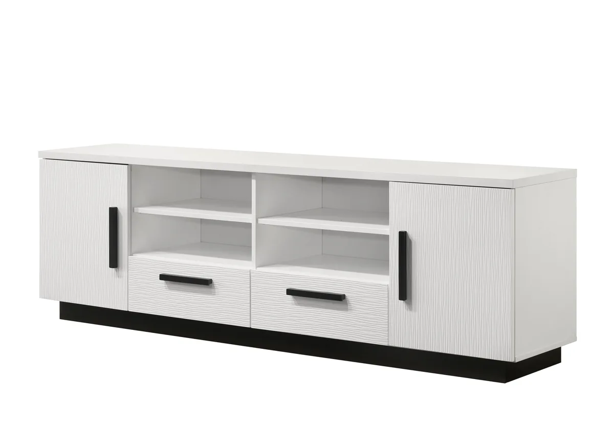 White TV stand with two drawers two cabinets black base 70.5 inches