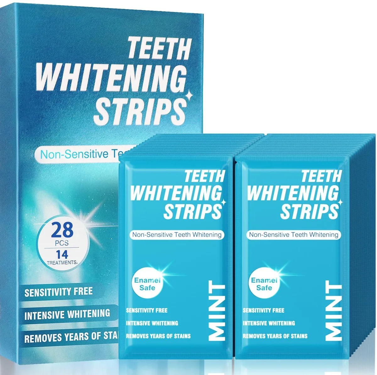 Box of 28 mint whitening strips with applicator