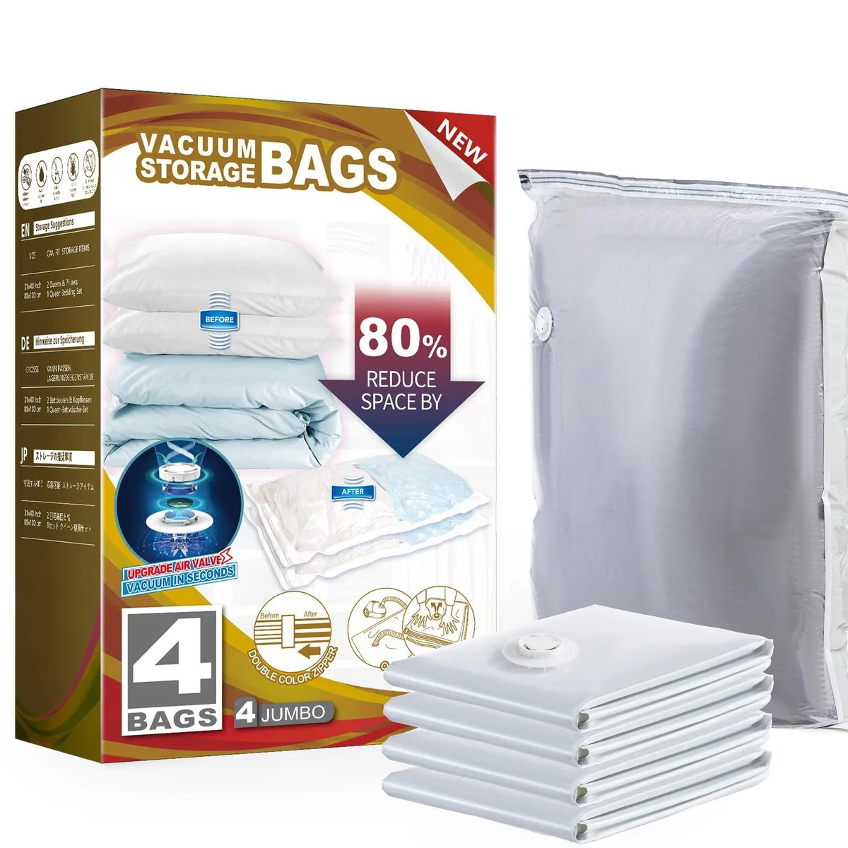 Four large clear polyethylene vacuum storage bags with zipper seals and air valves laid flat