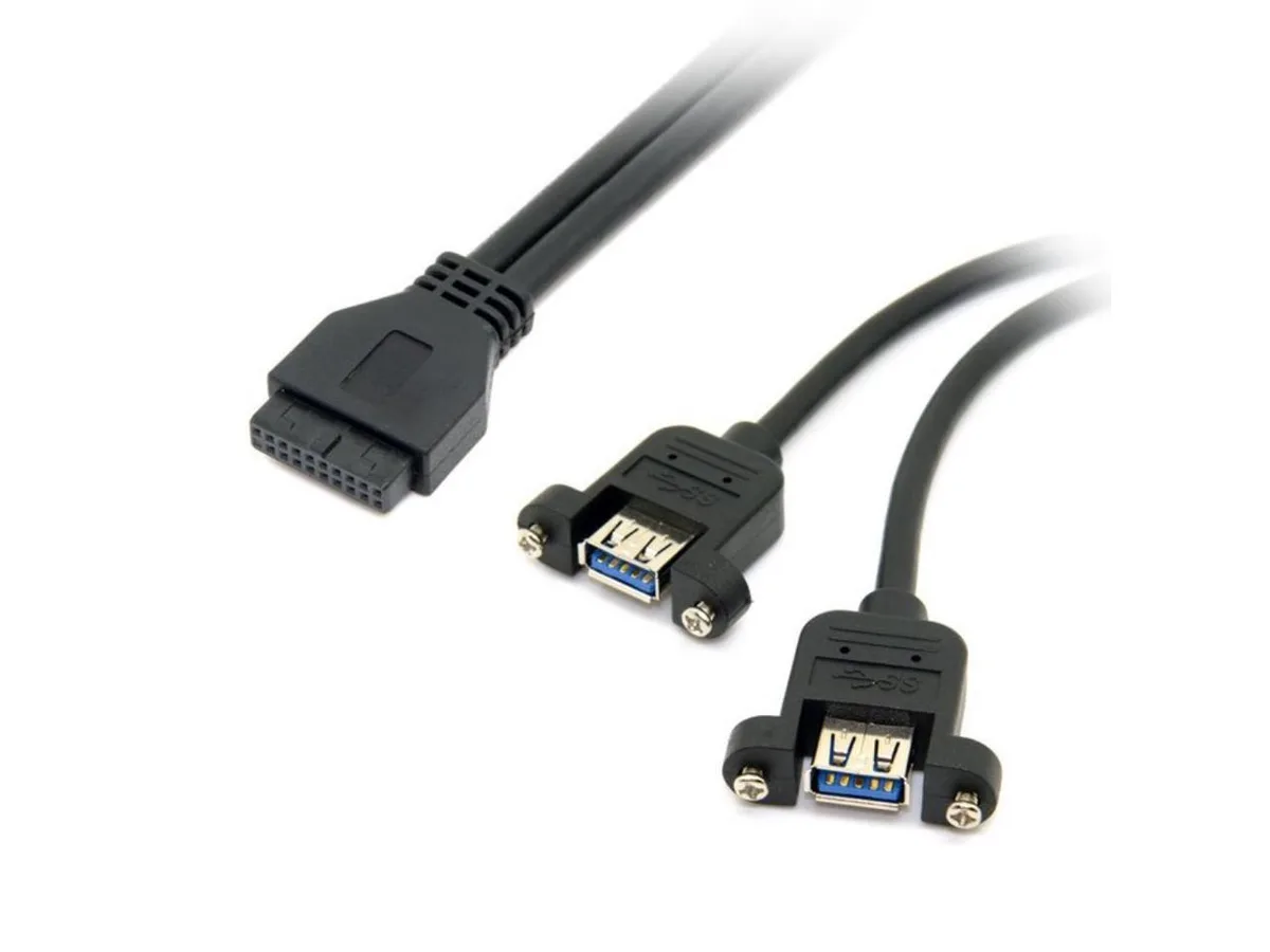 Black USB 3.0 dual female screw-mount panel to 20-pin header cable 40cm