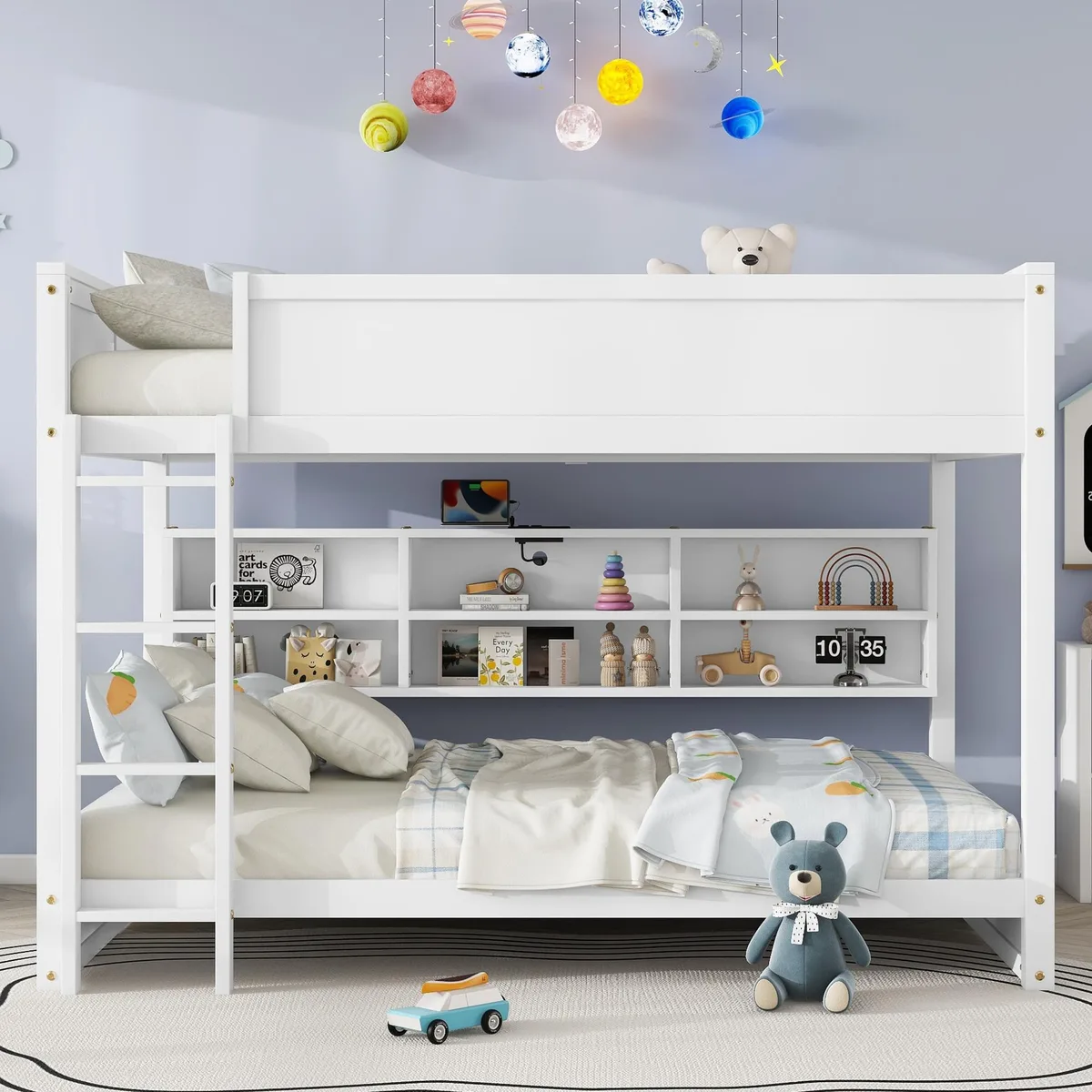 White pine queen-over-queen bunk bed with six storage cabinets, ladder and guardrails