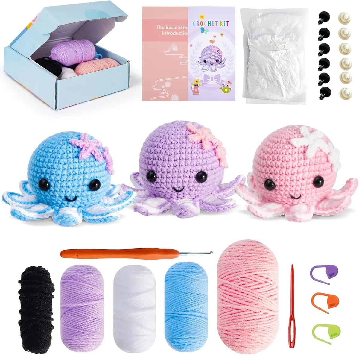 Singer crochet kit box with yarn, hook, eyes and pattern booklet