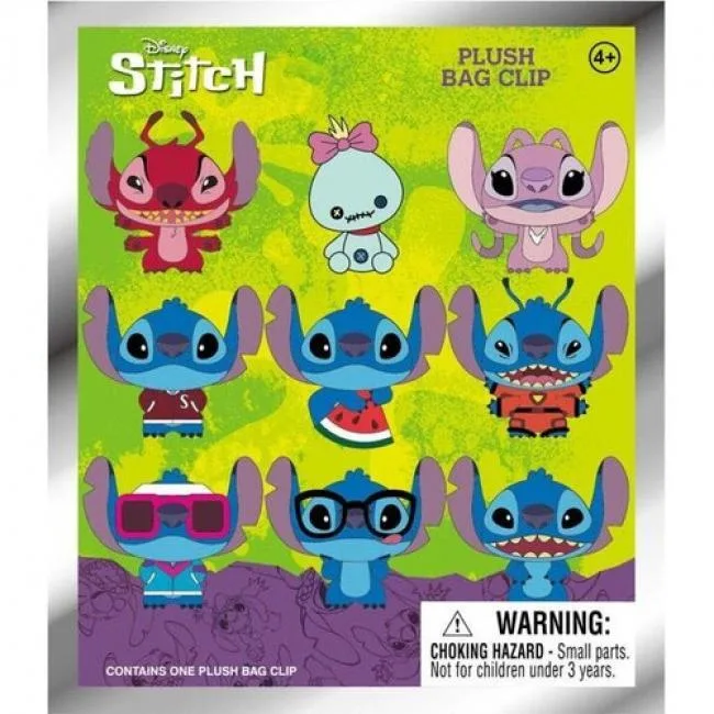 Small blue Stitch plush bag clip in blind bag packaging