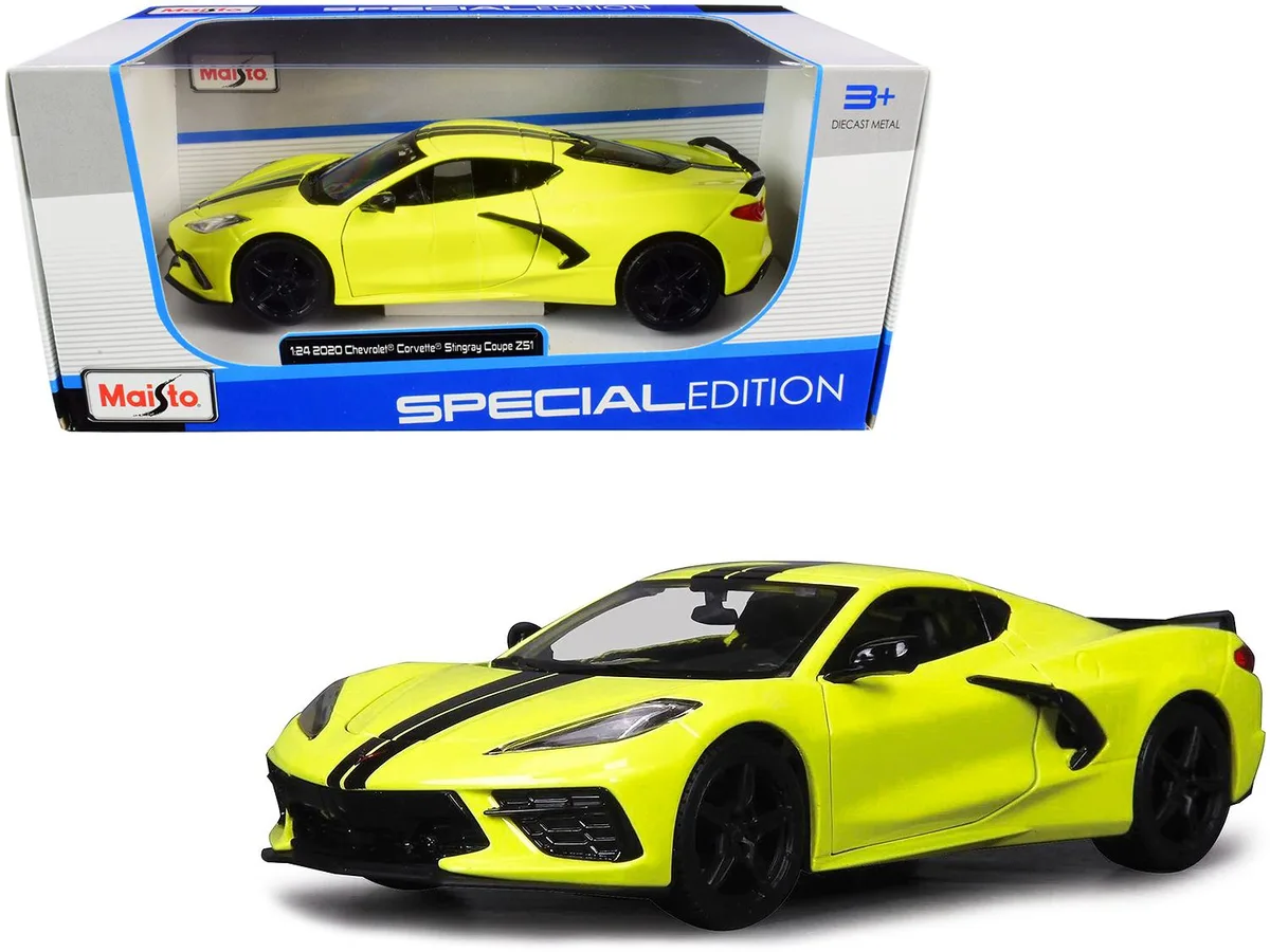 Maisto Maisto 2020 Chevrolet Corvette Stingray Z51 Coupe Yellow with Black Stripes 1/24 hobby collectible — product photo