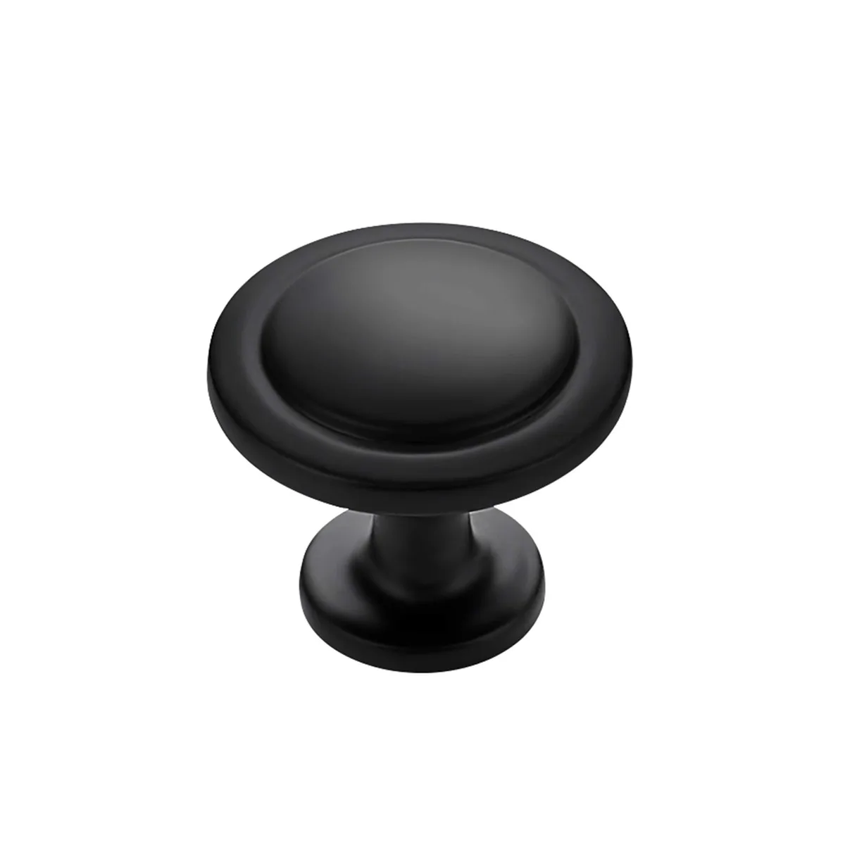 Ten matte black round zinc cabinet knobs on a plain background