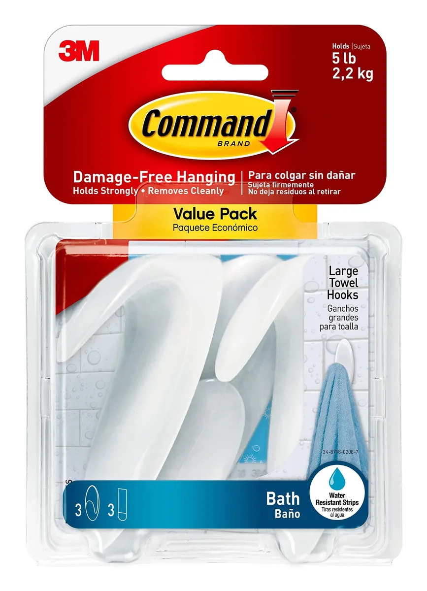 Three clear frosted plastic towel hooks with adhesive strips