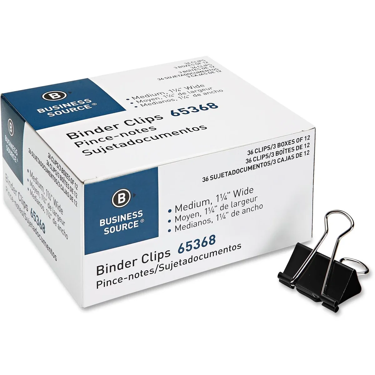 Thirty-six black steel medium binder clips with folded zinc arms in a pack