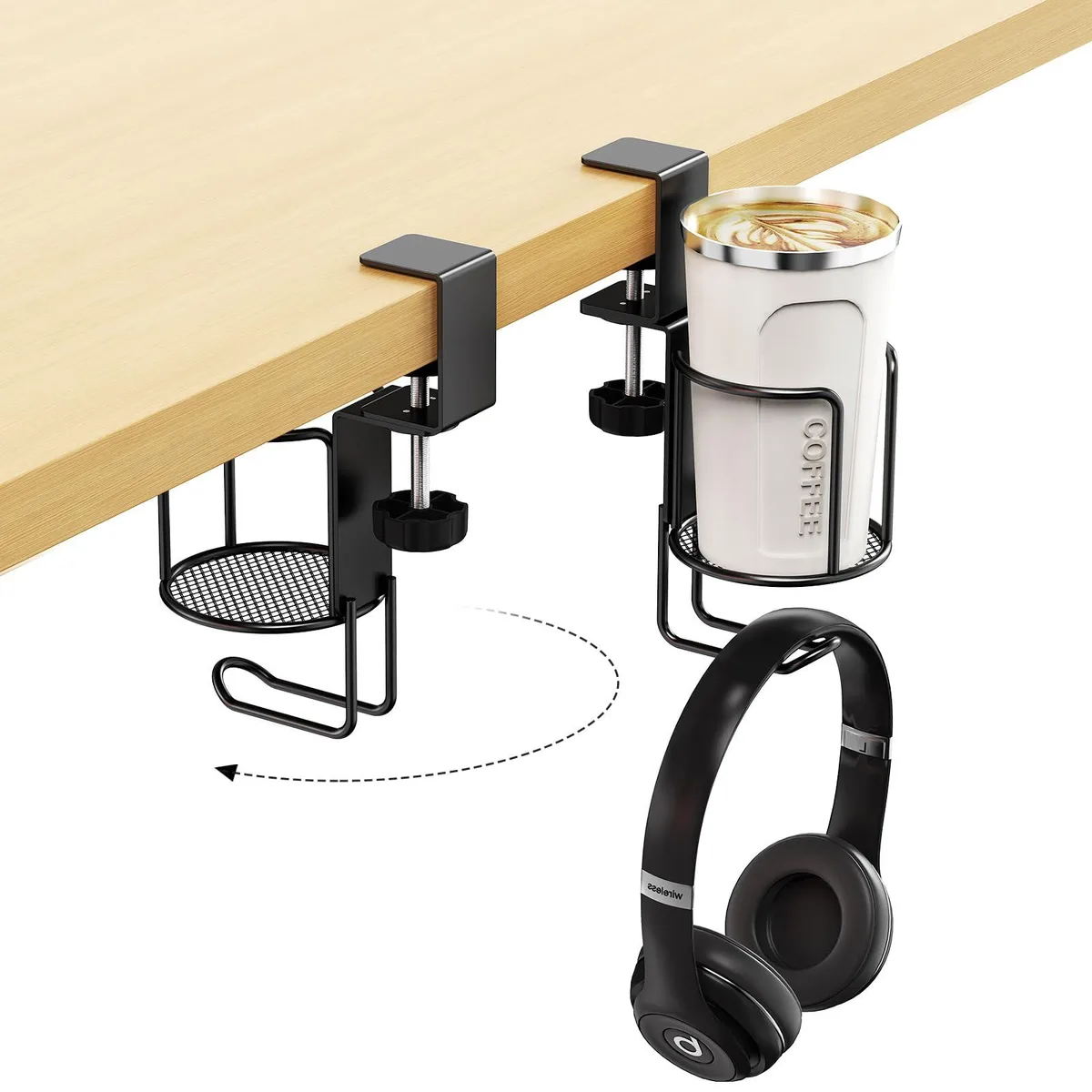 Black clip-on table with rotating cup holder and headphone hook