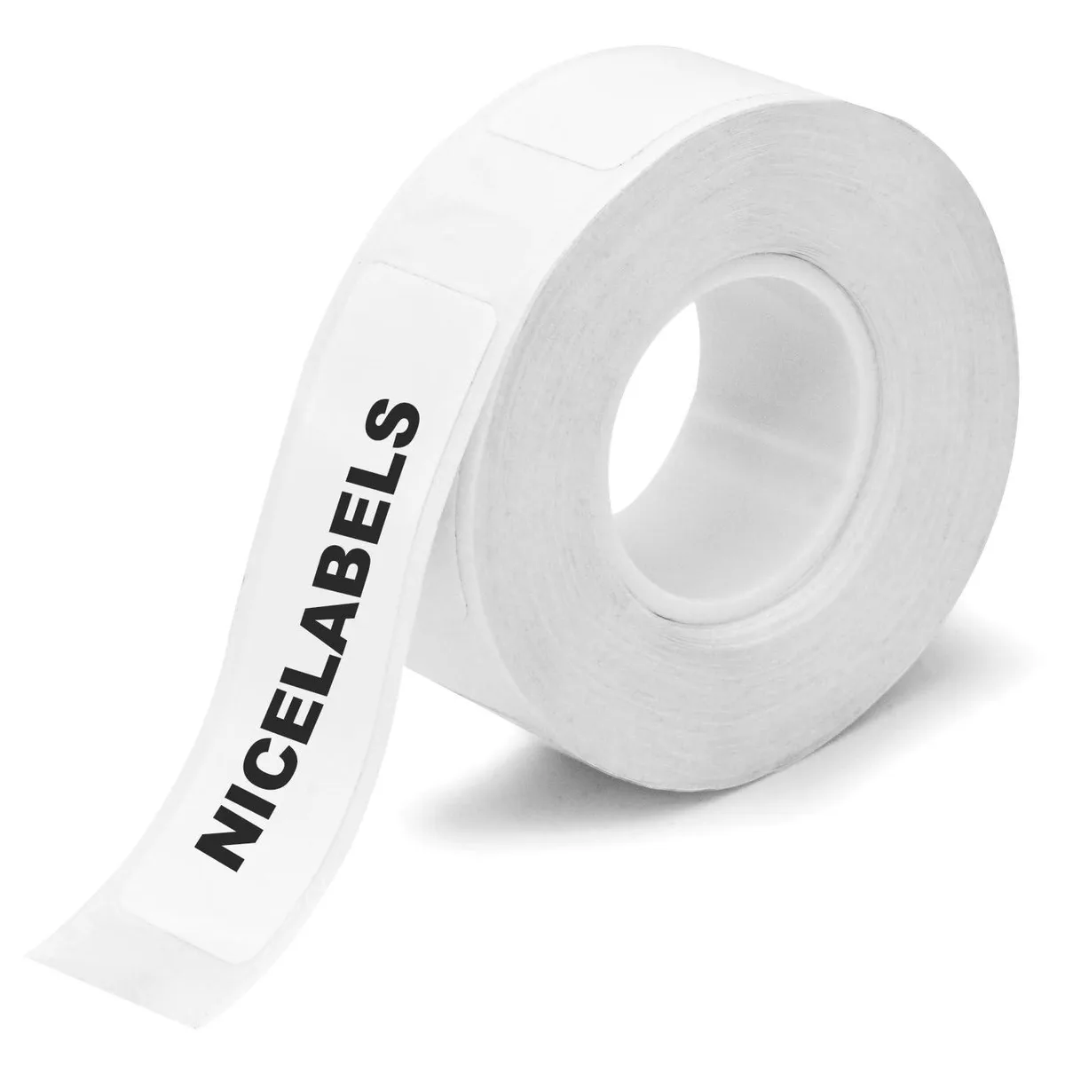 Single roll of bright white rectangular thermal labels measuring 12 by 40 millimetres with 160 labels per roll