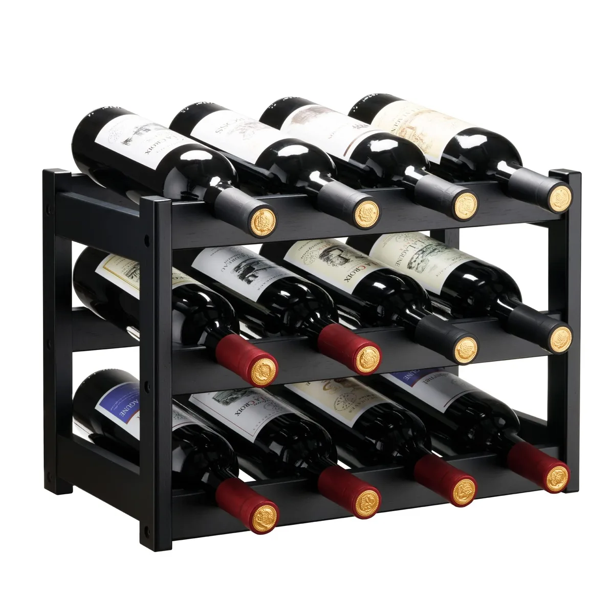 Black three-tier bamboo wine rack with wave-shaped shelves holding twelve bottles on a countertop