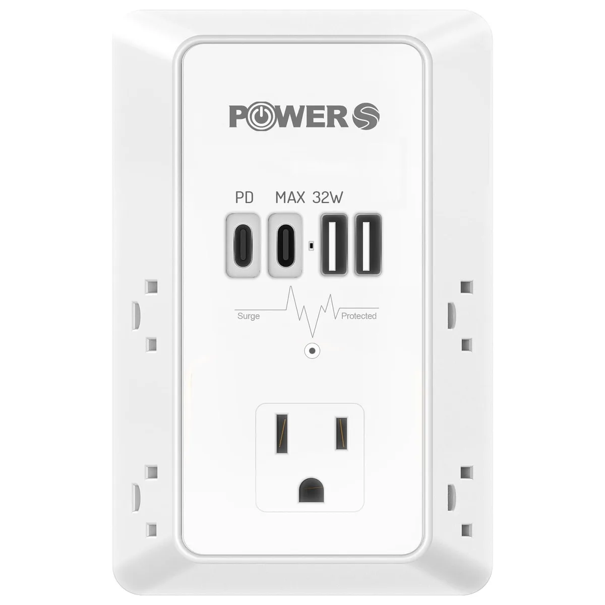 White wall outlet extender with five AC sockets and four USB ports, two Type-C and two Type-A
