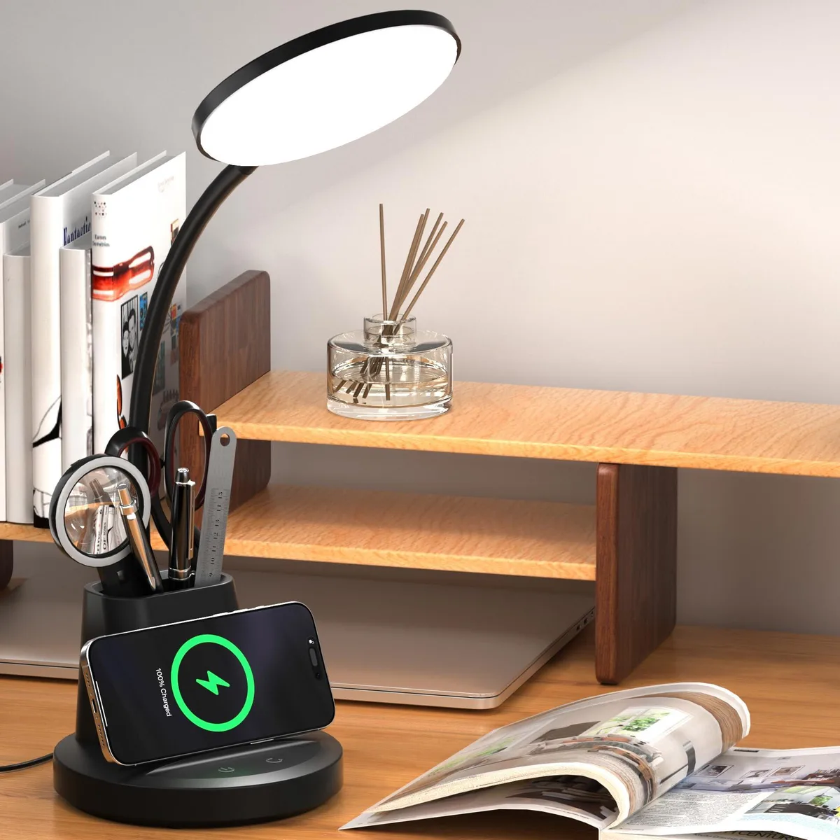 DNBeffulgent DNBeffulgent LED Desk Lamp Black 10W Wireless Charger 800 Lumens 360° Arm Pen Holder — product photo