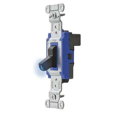 Black rectangular wall switch with toggle lever and snap-in terminals