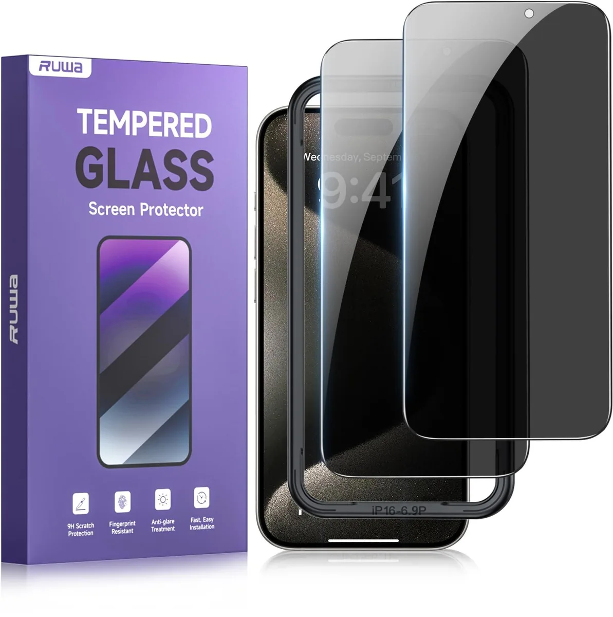  Ruwa Privacy Screen Protector iPhone 16 Pro Max 2-Pack 0.3mm 9H Hardness cell phones - unlocked — product photo