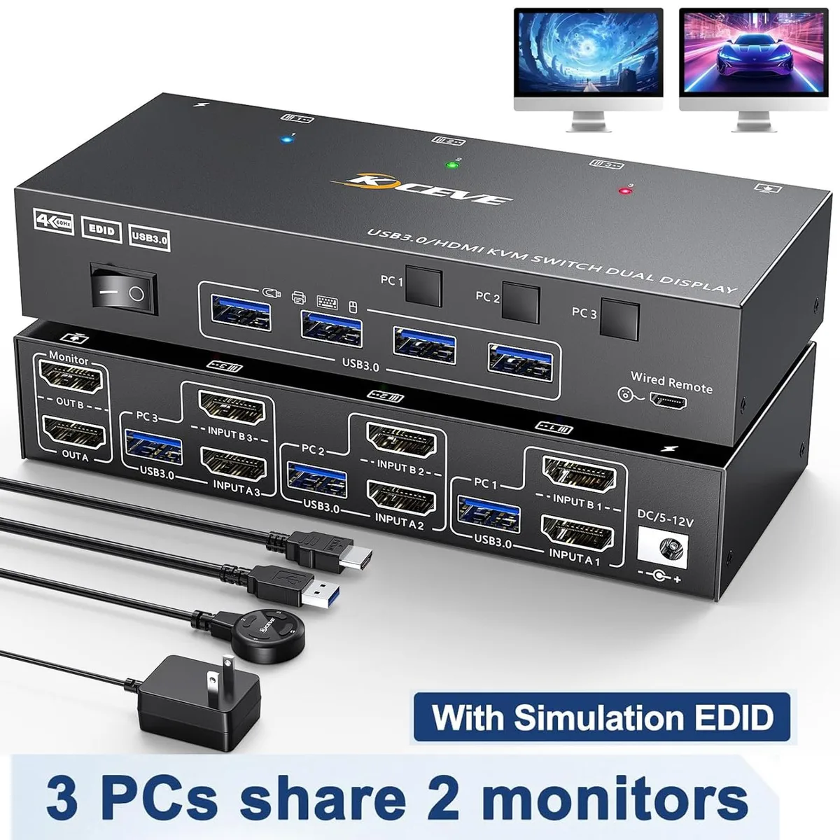 SMA SMA KC-302AS HDMI KVM Switch 3 Computers 2 Monitors 4K60Hz USB 3.0 Wired Remote — product photo