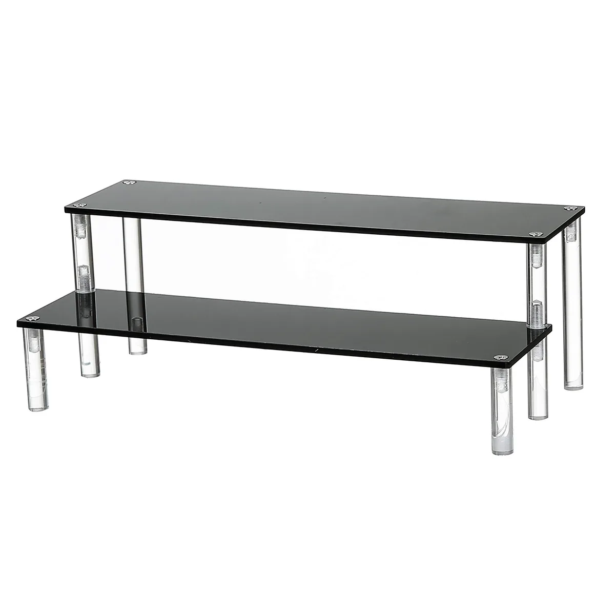 Two-tier clear acrylic display riser with polished finish, rectangular shape, assembly required