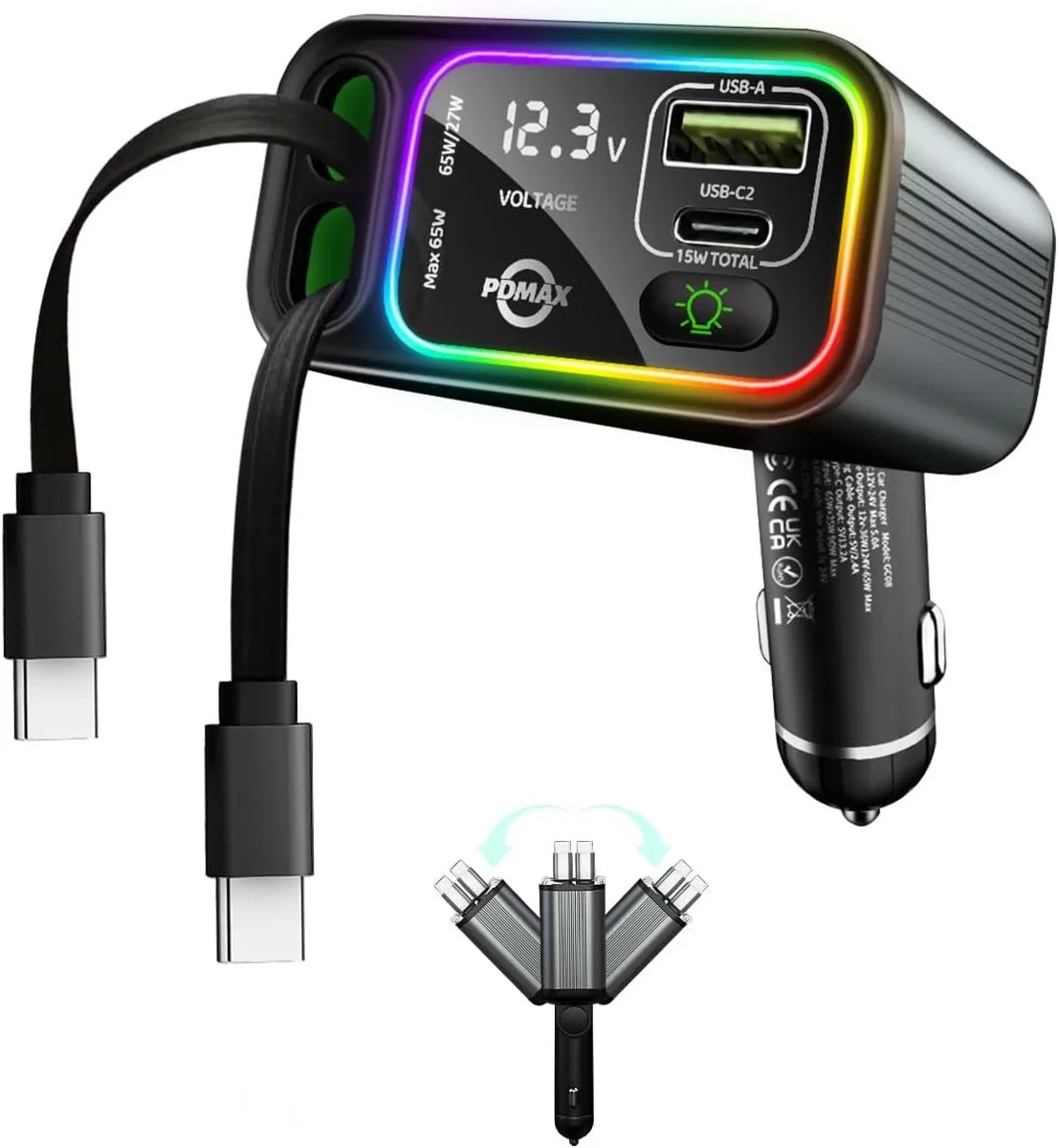 Hamzan Hamzan Retractable Car Charger 145W Dual USB-C Cables 76cm — product photo