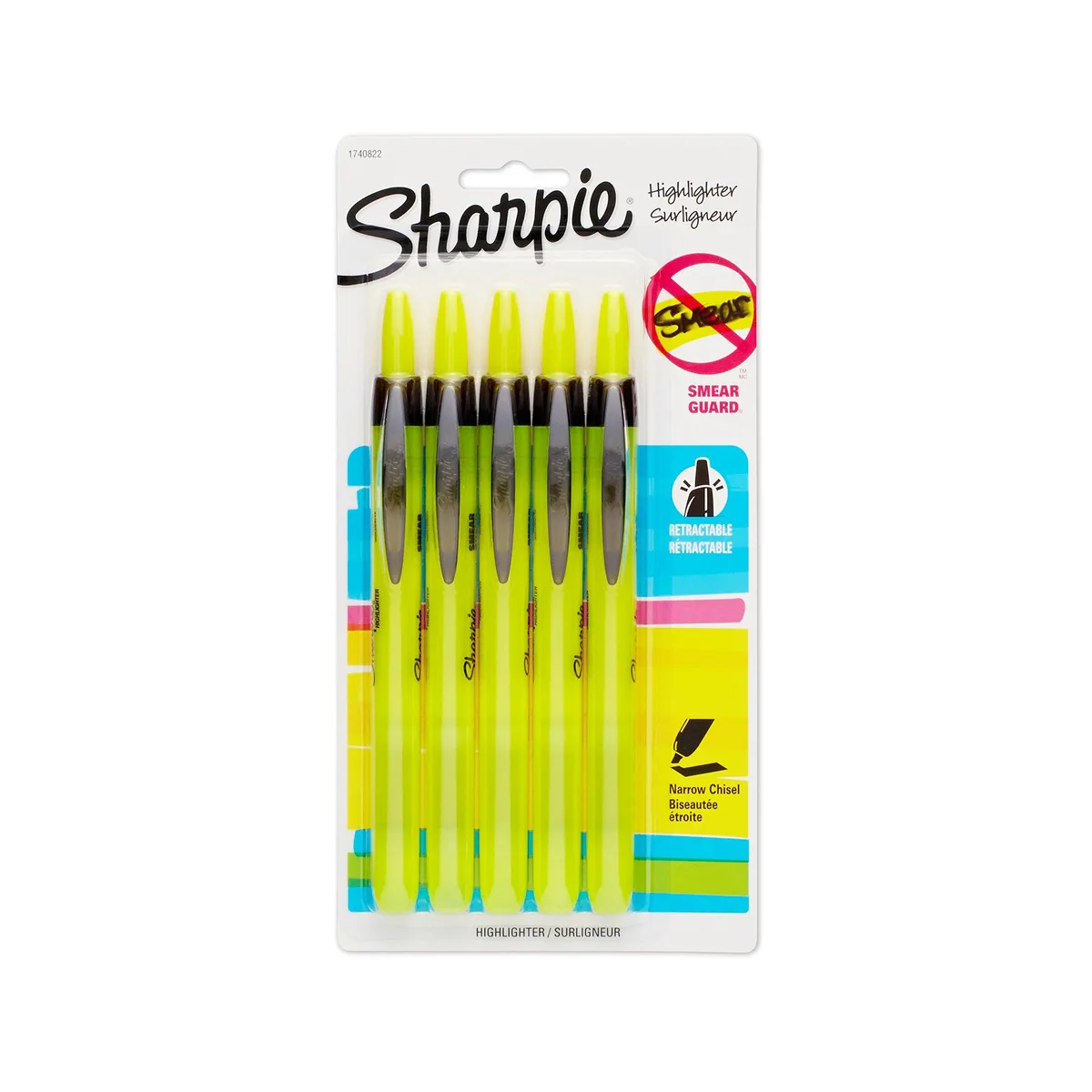 Five fluorescent yellow retractable highlighters with chisel tips in plastic barrels
