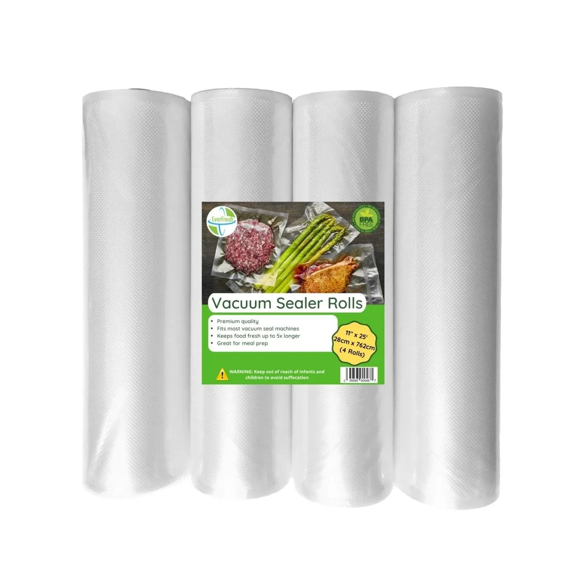 Four clear plastic vacuum sealer rolls in rectangular packaging