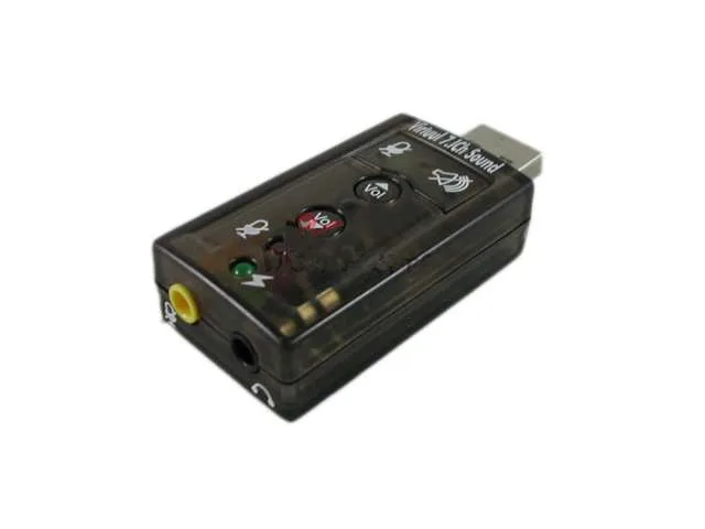 Small black USB dongle with stereo and mono jacks plus mute and volume buttons
