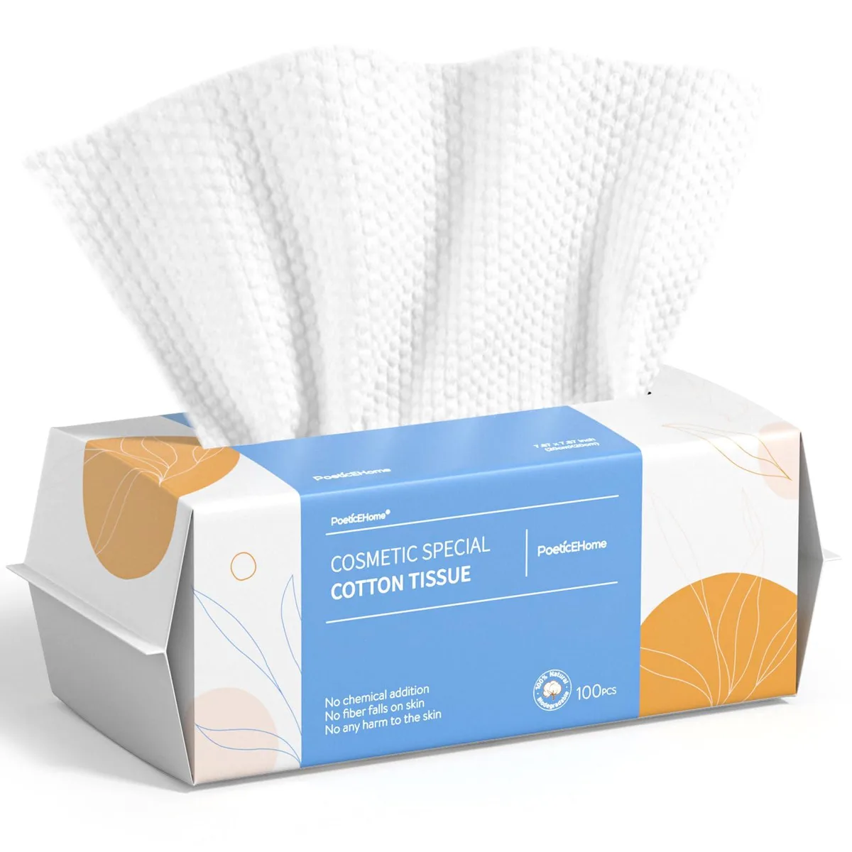 White disposable cotton tissue sheets in a pop-up pack, pearl texture, 100 count