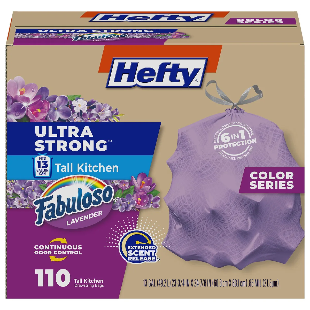  Hefty Ultra Strong 13 Gallon Trash Bags Purple Fabuloso Scent 110 Count — product photo