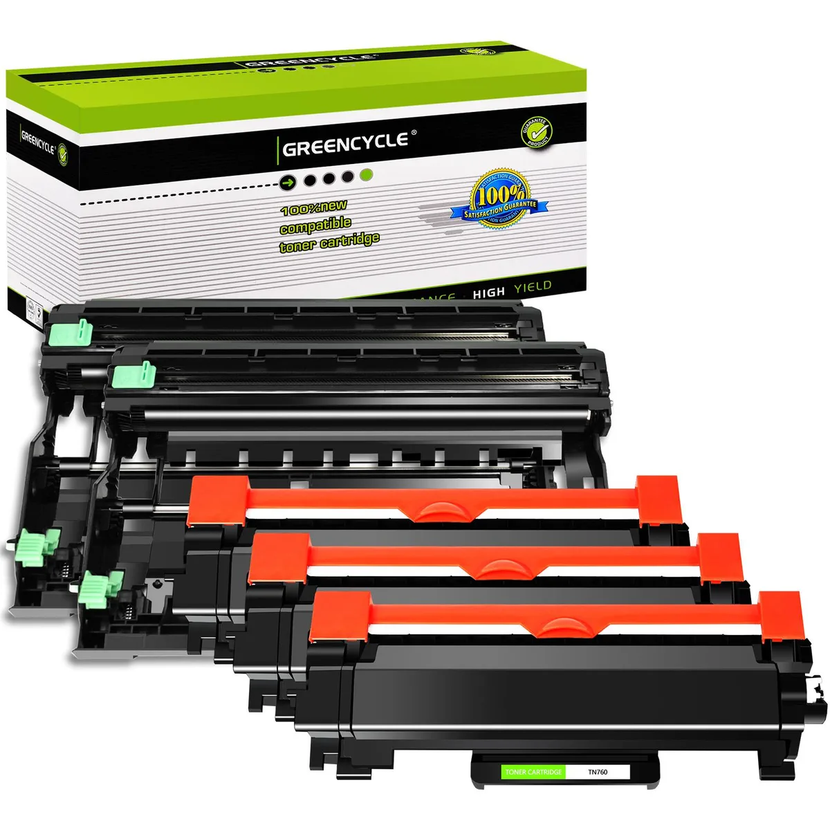 Five black toner and drum cartridges in white box