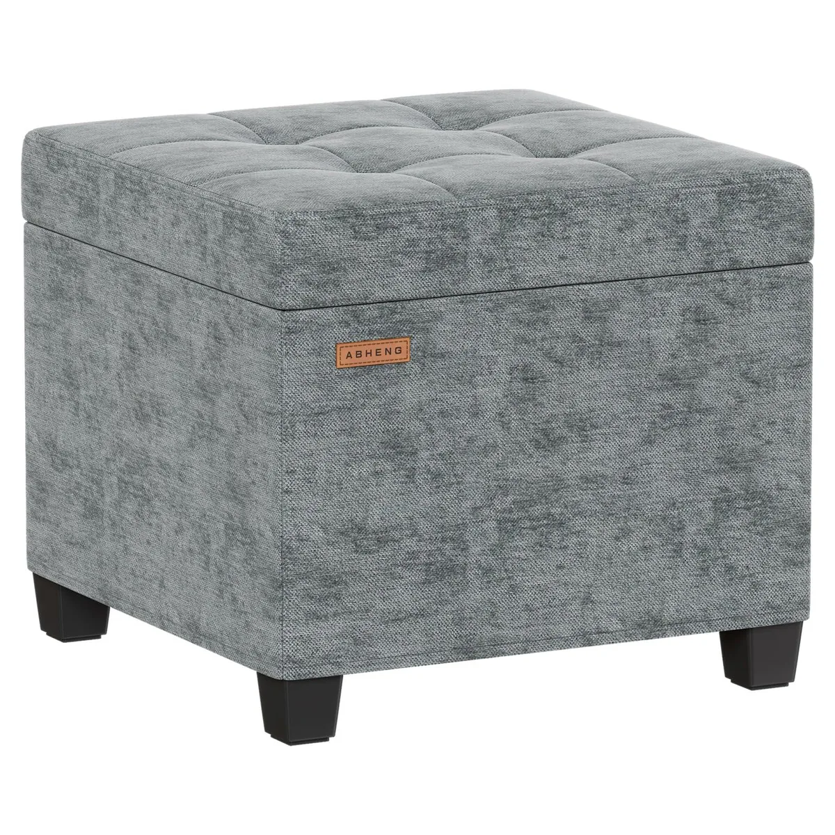 Square gray chenille storage ottoman with black metal legs, 17.7 inches cubed