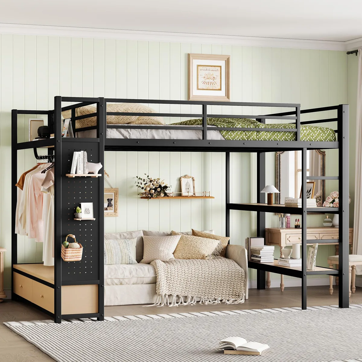 Black metal queen loft bed frame with integrated wardrobe shelves and pegboard