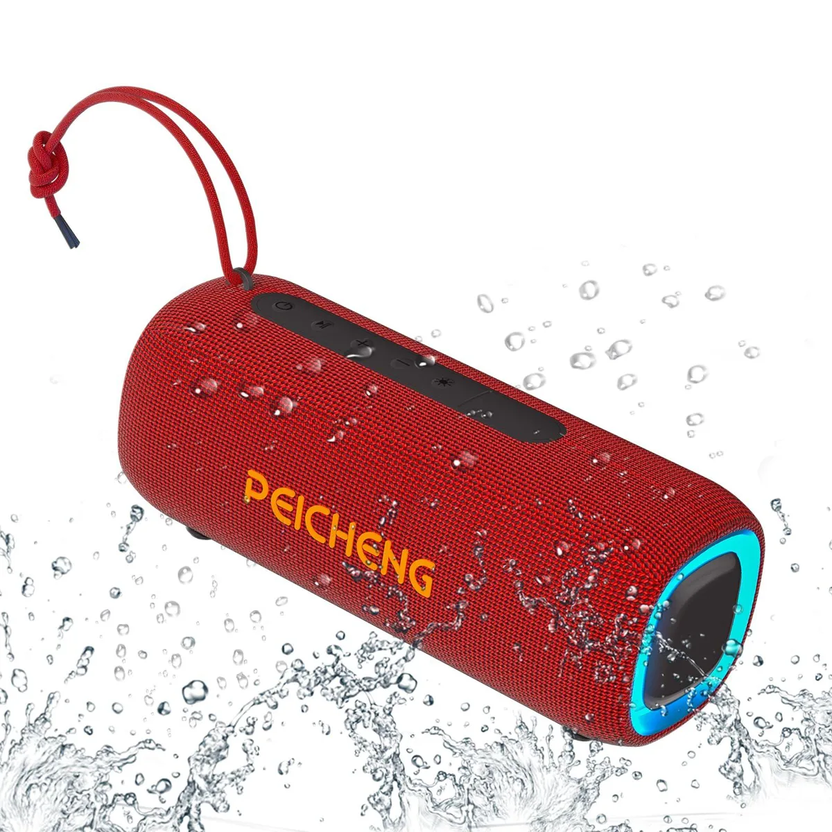  PEICHENG 03C Portable Speaker Red IPX5 4000mAh RGB TWS 66ft 2.0ch 20KHz 1.7x3.2x5.0in 0.789kg — product photo