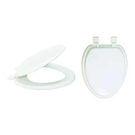 White elongated toilet seat with self-sustaining hinge and cover