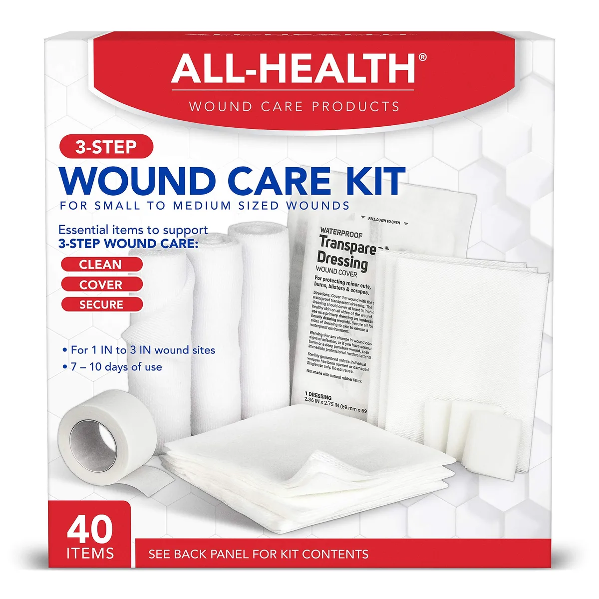 Compact first-aid box containing 40 wound-care pieces including gauze, wipes, pads, dressings and tape