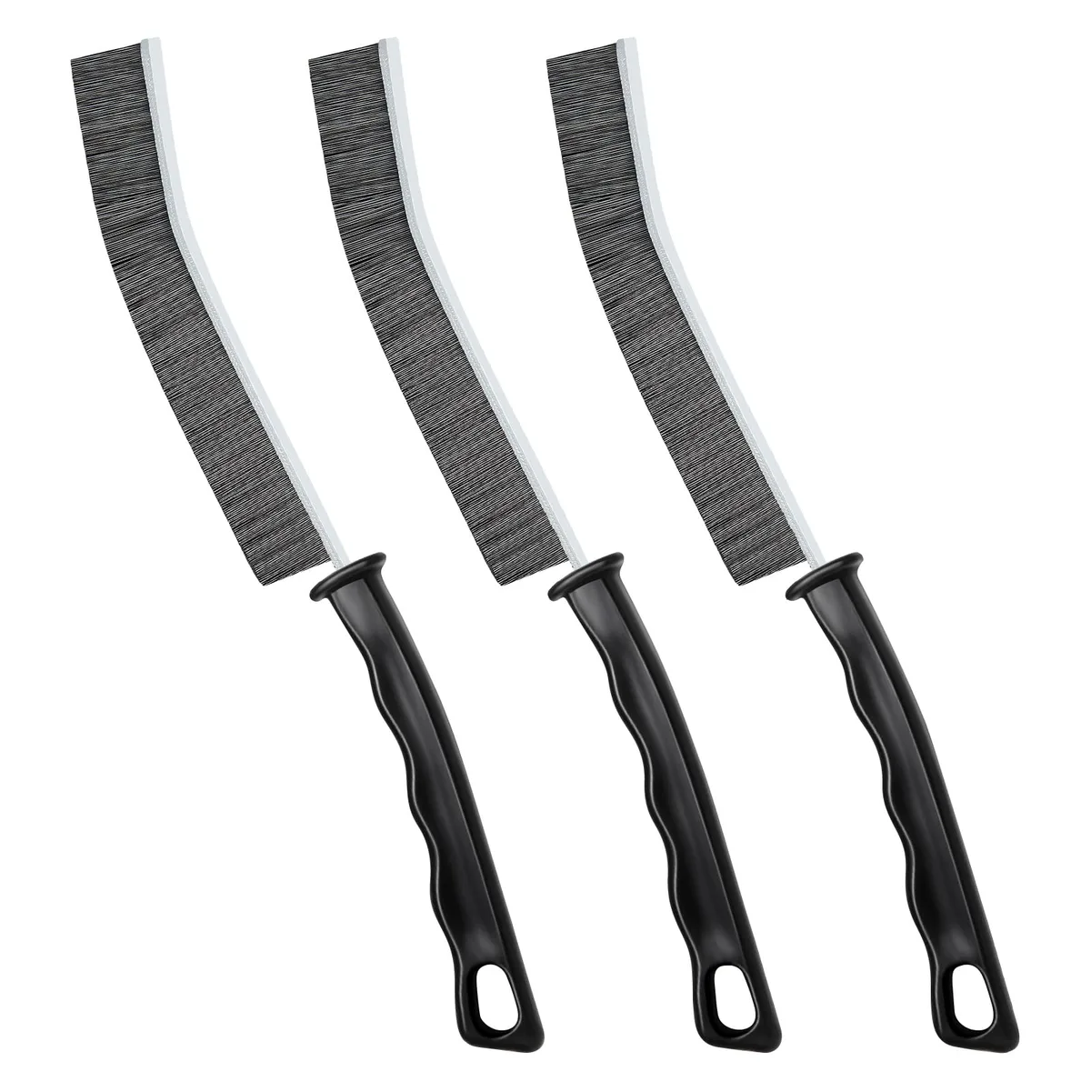 Three black rectangular crevice brushes with hard bristles and ergonomic handles