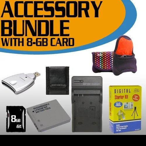 Canon SD1400IS accessory bundle with case, battery, charger, memory card and tripod