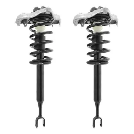 Pair of silver front strut assemblies with coiled springs and top mounts