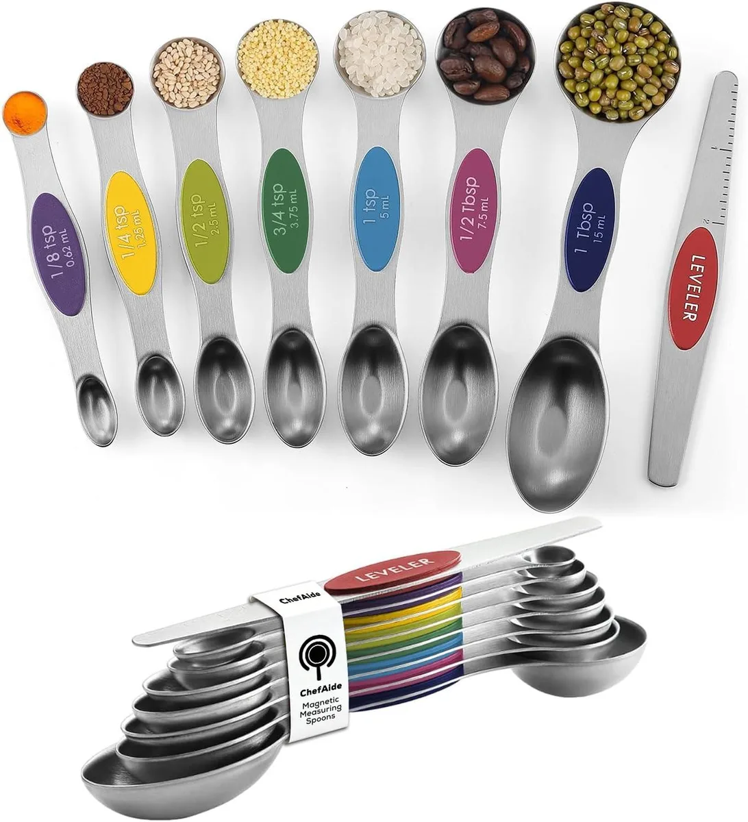 Eight stainless steel magnetic measuring spoons with dual oval and round ends, nesting together with a leveler