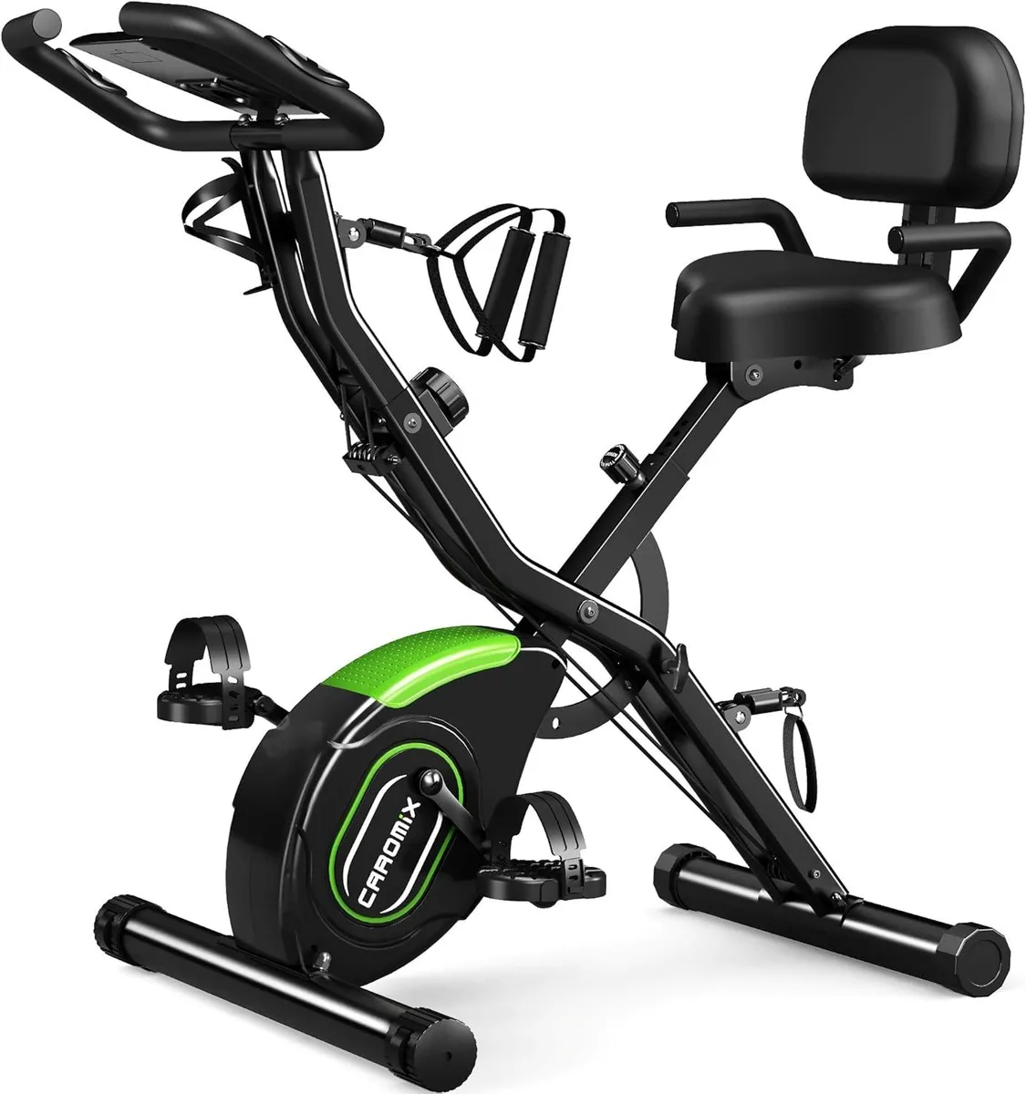 Folding exercise bike with X-frame, LCD monitor, device holder and resistance bands