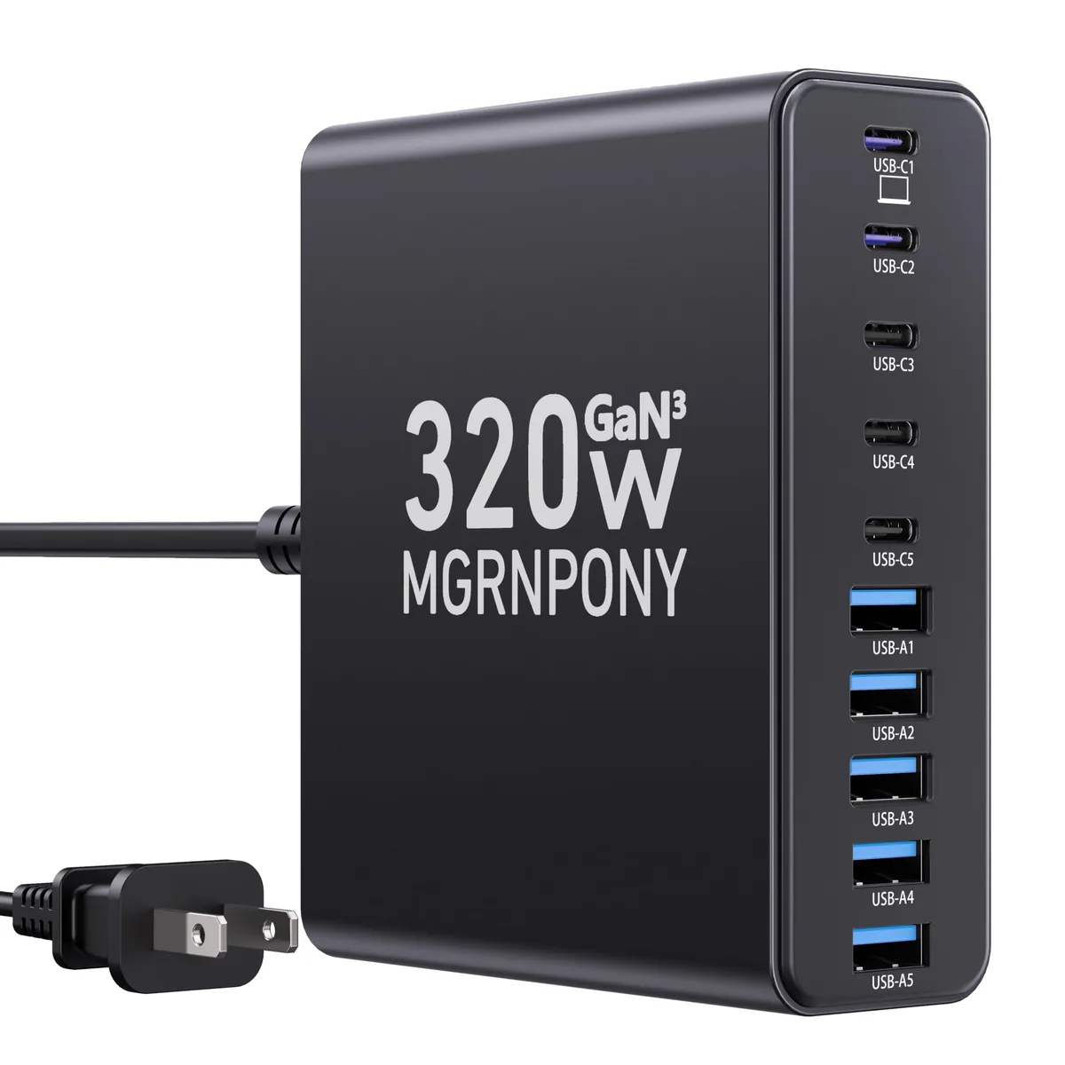 Black rectangular 10-port GaN charger with five USB-C and five USB-A ports