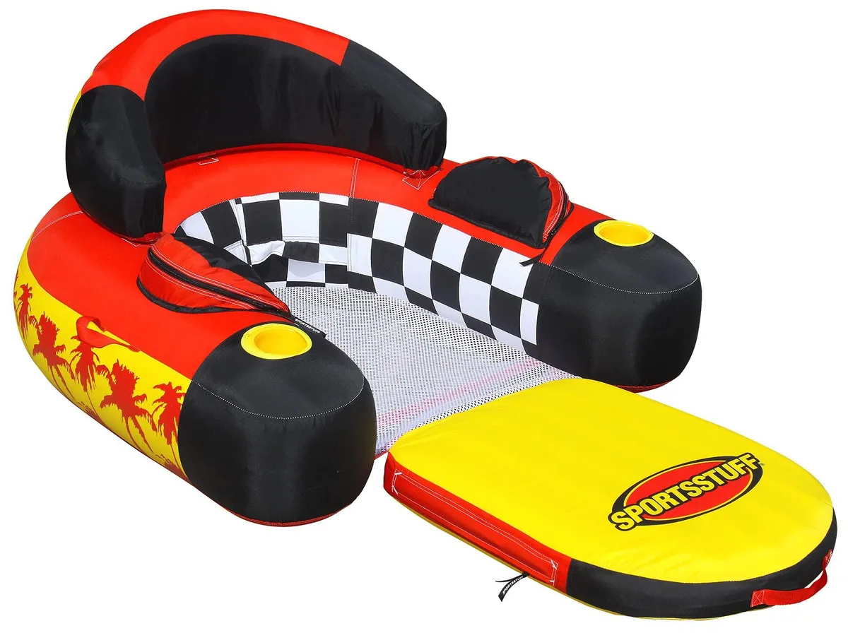 Yellow inflatable lounge with mesh seat, backrest, footrest and cup holders