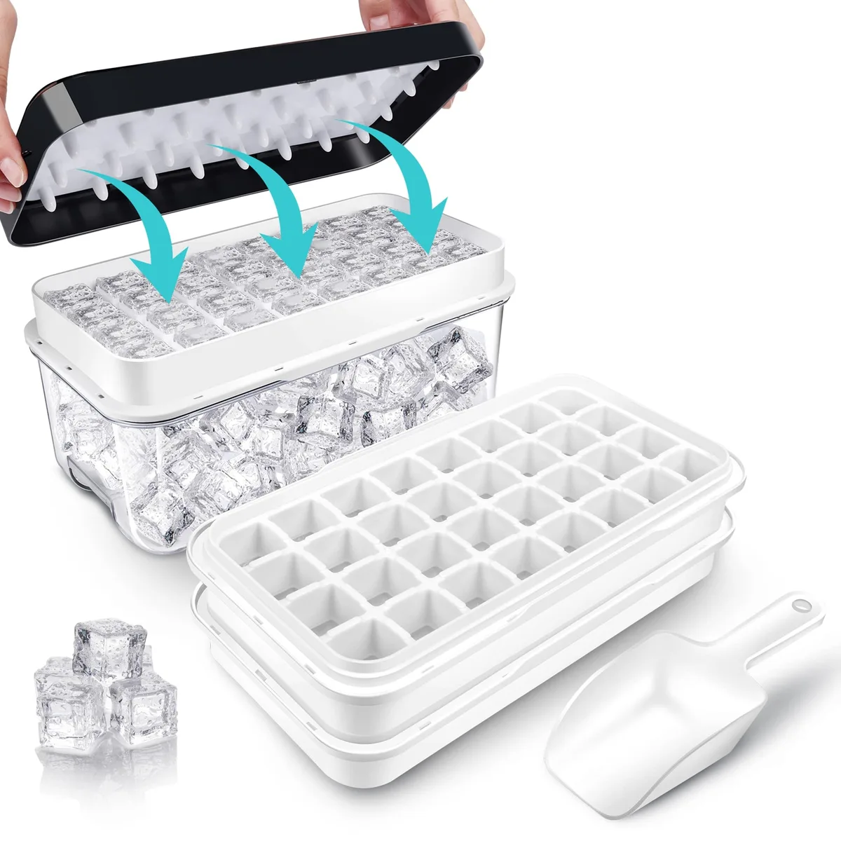 Black rectangular plastic ice tray set with lid and bin, 27 by 16 by 14 cm