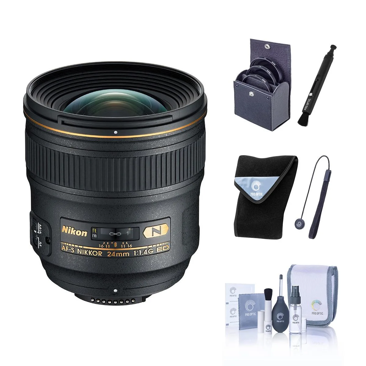 Nikon Inc Nikon AF-S NIKKOR 24mm f/1.4G ED lens bundle with 77mm filter kit, wrap, cleaning kit, cap tether — product photo