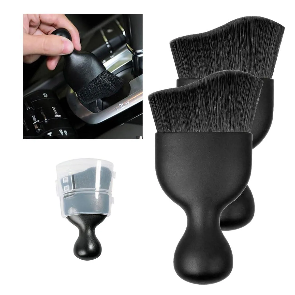 Two black curved interior detailing brushes with soft microfiber bristles and textured handles