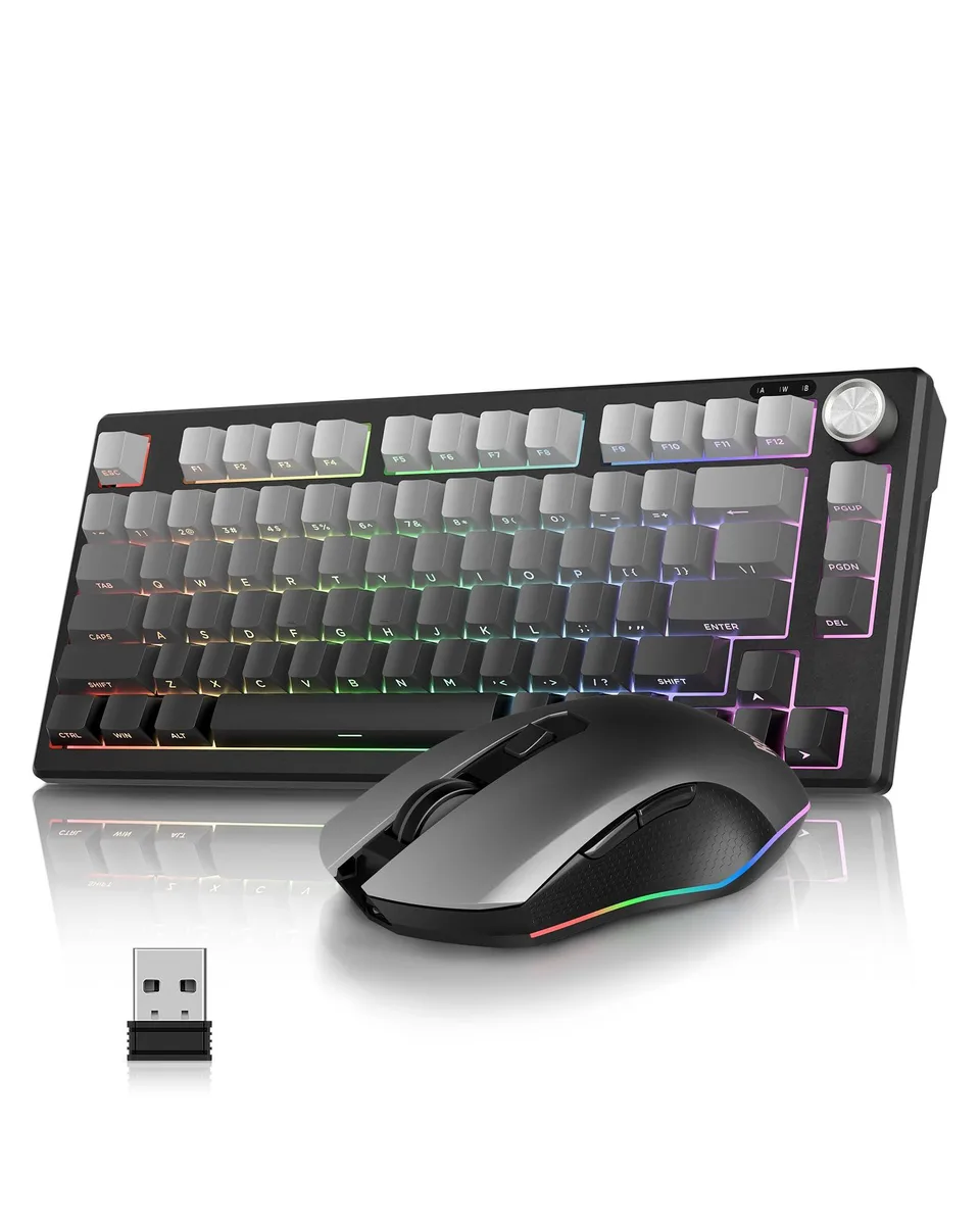 RedThunder K75 Wireless Keyboard & Mouse Combo, 75% 80-Key, Optical 4800 DPI, 3 Modes, RGB, Rechargeable, Gray — product photo